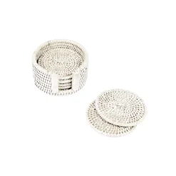 Caspari Summer Picnic|Cocktail Party|Rattan Round Coaster and Holder Set in Cream - Set of 6 Coasters and 1 Napkin Holder