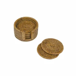 Caspari Tailgates|Coasters|Rattan Round Coaster and Holder Set in Honey - Set of 6 Coasters and 1 Napkin Holder