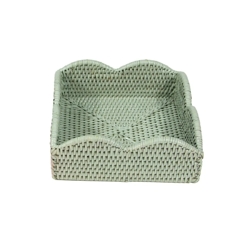 Caspari Summer Picnic|Rattan Trays And Accessories|Rattan Scalloped Luncheon Napkin Holders in Green - 1 Napkin Holder