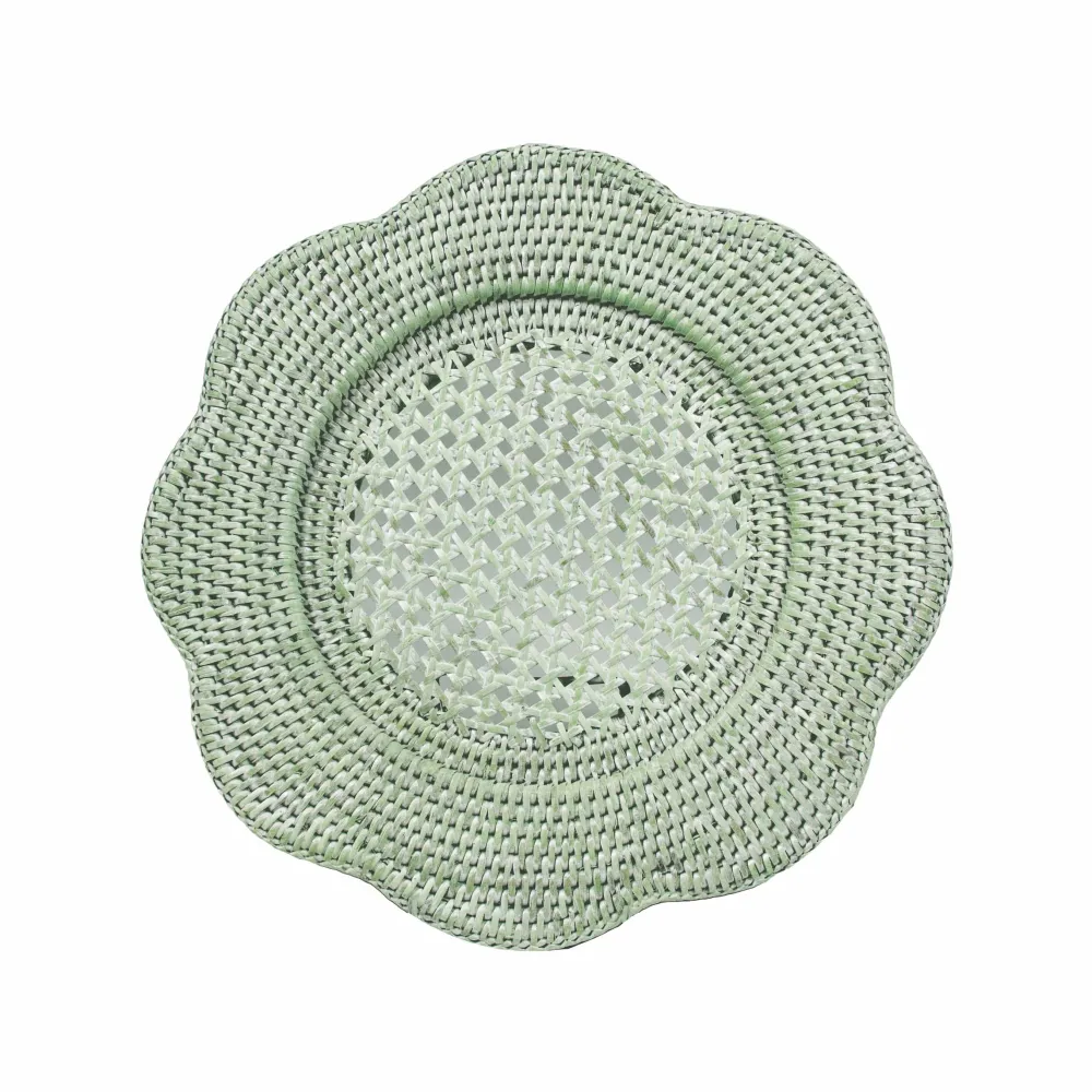 Caspari Summer Picnic|Rattan Trays And Accessories|Rattan Scalloped Round Charger Plate in Green - 1 Charger Plate