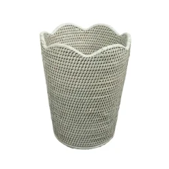 Caspari Rattan Trays And Accessories|Rattan Scalloped Waste Basket in Green - 12.5"H x 9.5" Diameter