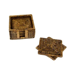 Caspari Tailgates|Coasters|Rattan Square Coaster and Holder Set in Natural - Set of 6 Coasters and 1 Napkin Holder