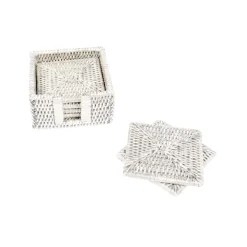 Caspari Cocktail Party|Coasters|Rattan Square Coaster and Holder Set in Cream - Set of 6 Coasters and 1 Napkin Holder