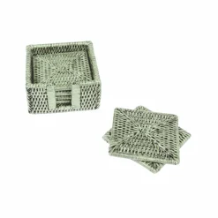Caspari Summer Picnic|Coasters|Rattan Square Coaster and Holder Set in Green - Set of 6 Coasters and 1 Napkin Holder