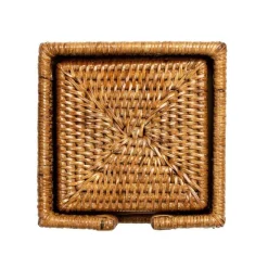 Caspari Tailgates|Memorial Day|Rattan Square Coasters & Holder in Dark Natural - Set of 6