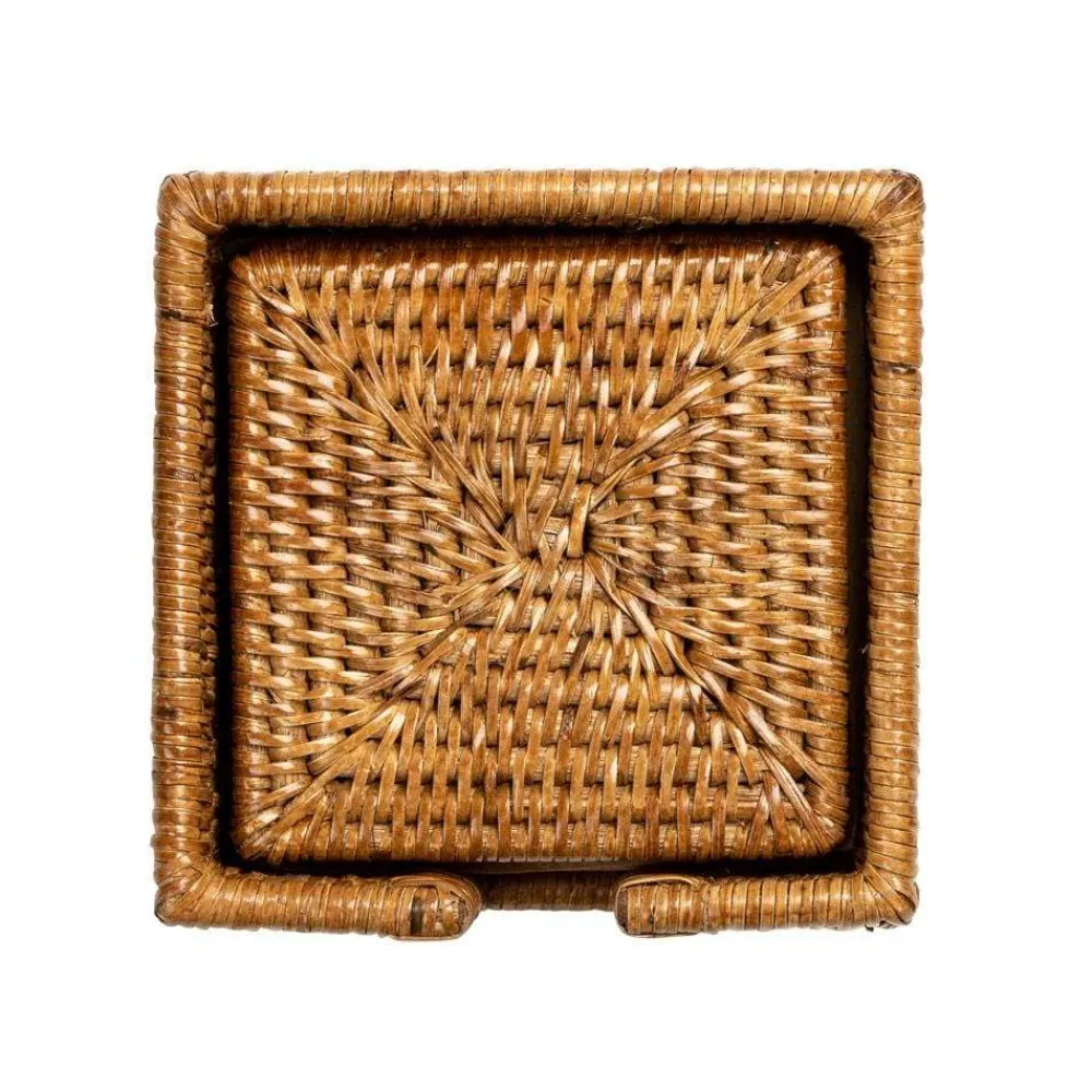 Caspari Tailgates|Memorial Day|Rattan Square Coasters & Holder in Dark Natural - Set of 6