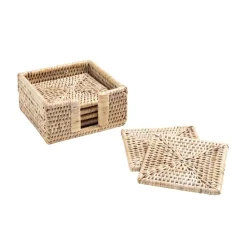 Caspari Easter|Coasters|Rattan Square Coasters & Holder in White Natural - Set of 6