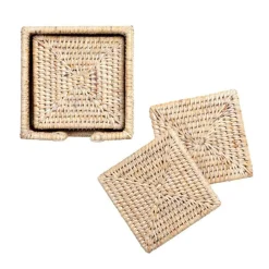 Caspari Easter|Coasters|Rattan Square Coasters & Holder in White Natural - Set of 6