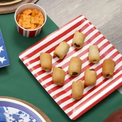 Caspari Christmas Plates|Fourth Of July|Red and White Stripe Square Paper Salad & Dessert Plates - 8 Per Package