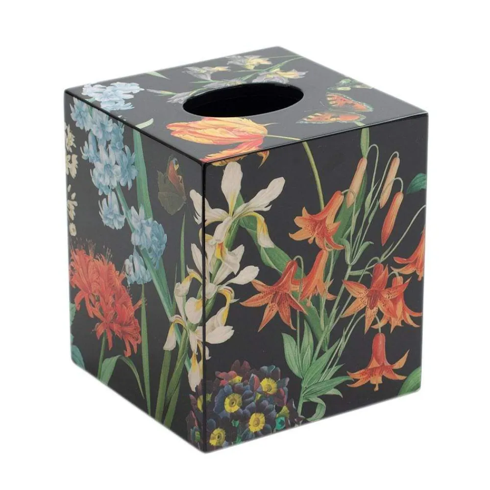Caspari Lacquerware|Mother'S Day|Redouté Floral Lacquer Tissue Box Cover in Black - 1 Each