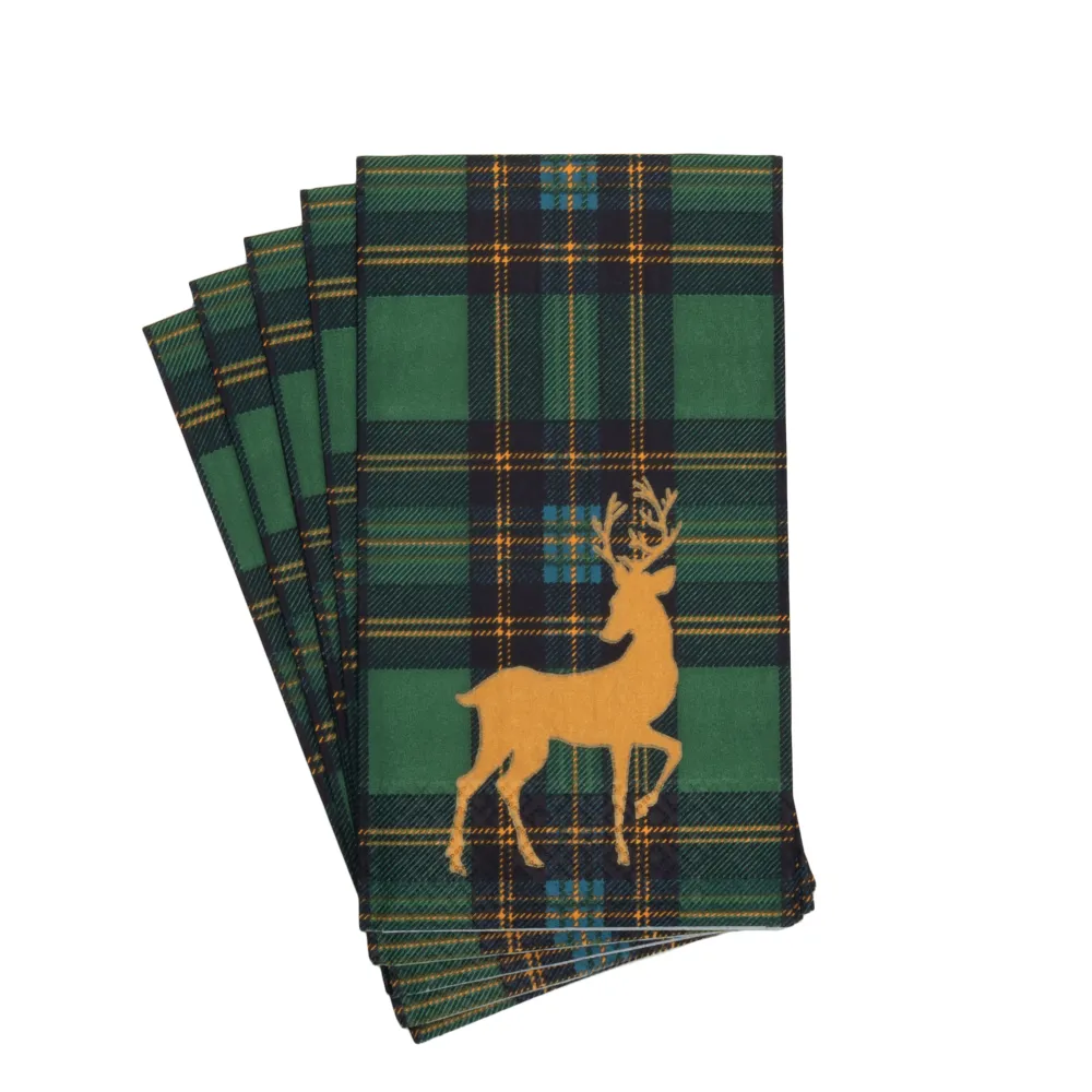 Caspari Paper Guest Towels|Reindeer Tartan Green Guest Towels - includes 15 Guest Towels