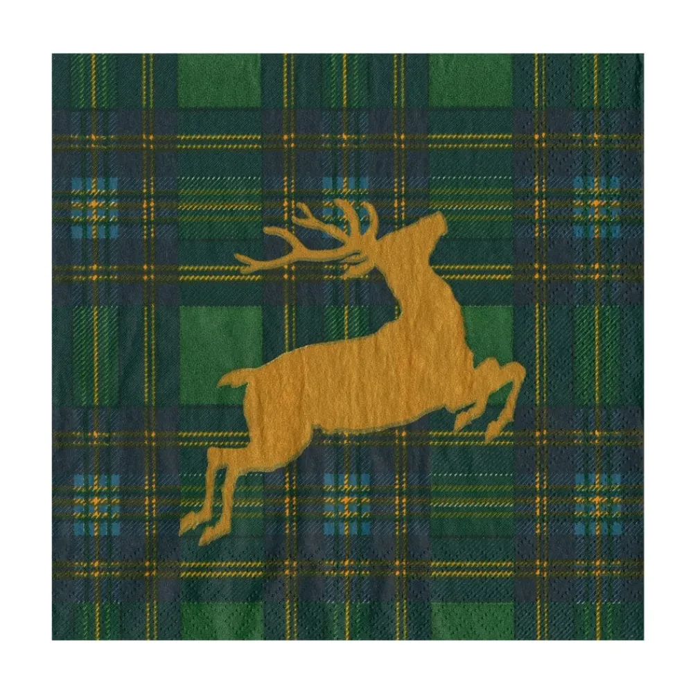 Caspari Paper Luncheon Napkins|Reindeer Tartan Green Luncheon Napkins - includes 20 Luncheon Napkins