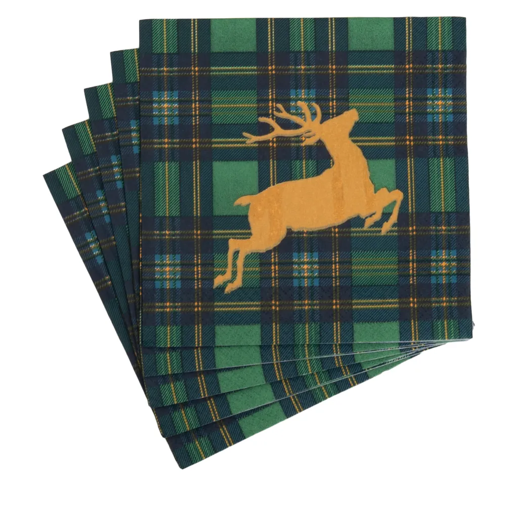 Caspari Paper Luncheon Napkins|Reindeer Tartan Green Luncheon Napkins - includes 20 Luncheon Napkins