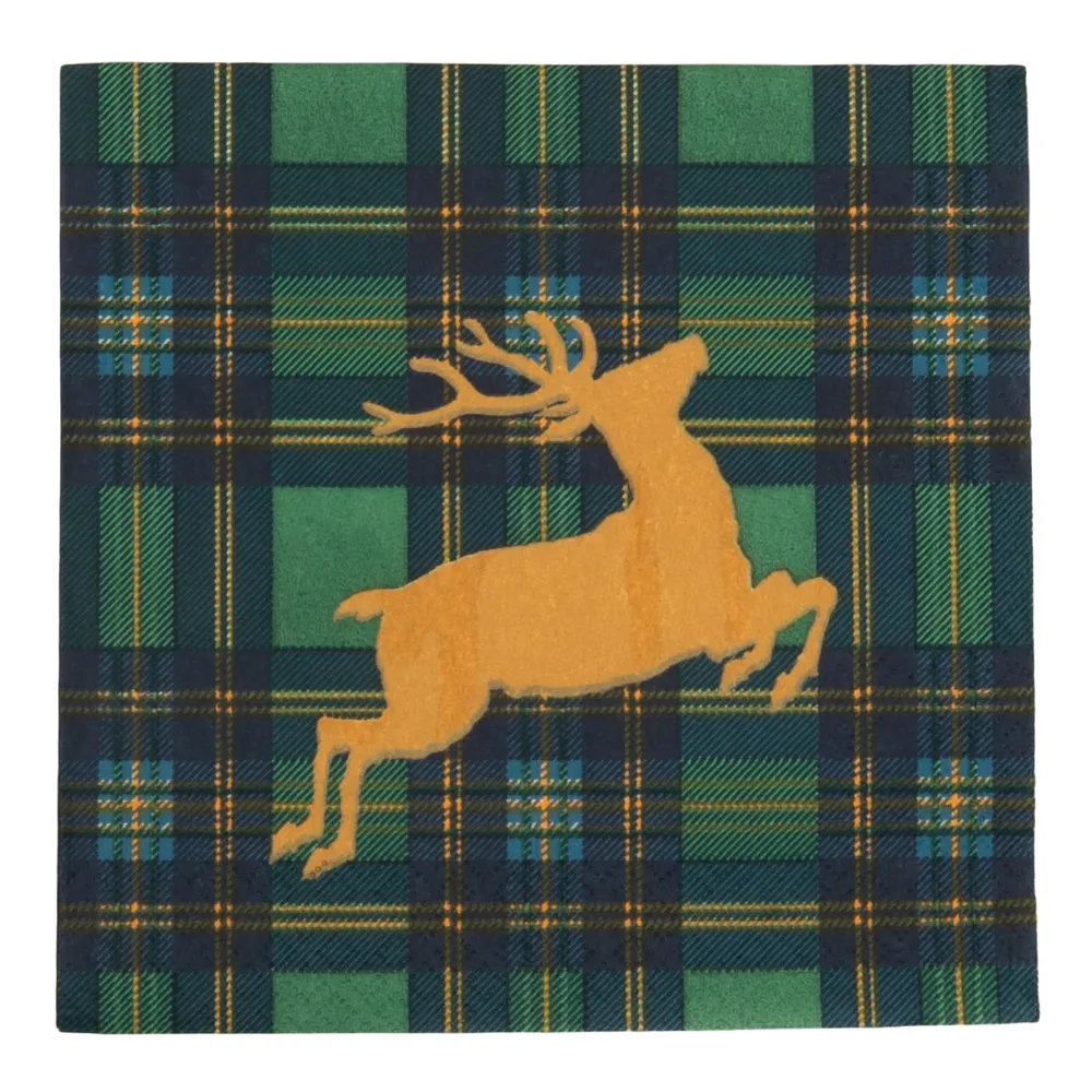 Caspari Paper Luncheon Napkins|Reindeer Tartan Green Luncheon Napkins - includes 20 Luncheon Napkins
