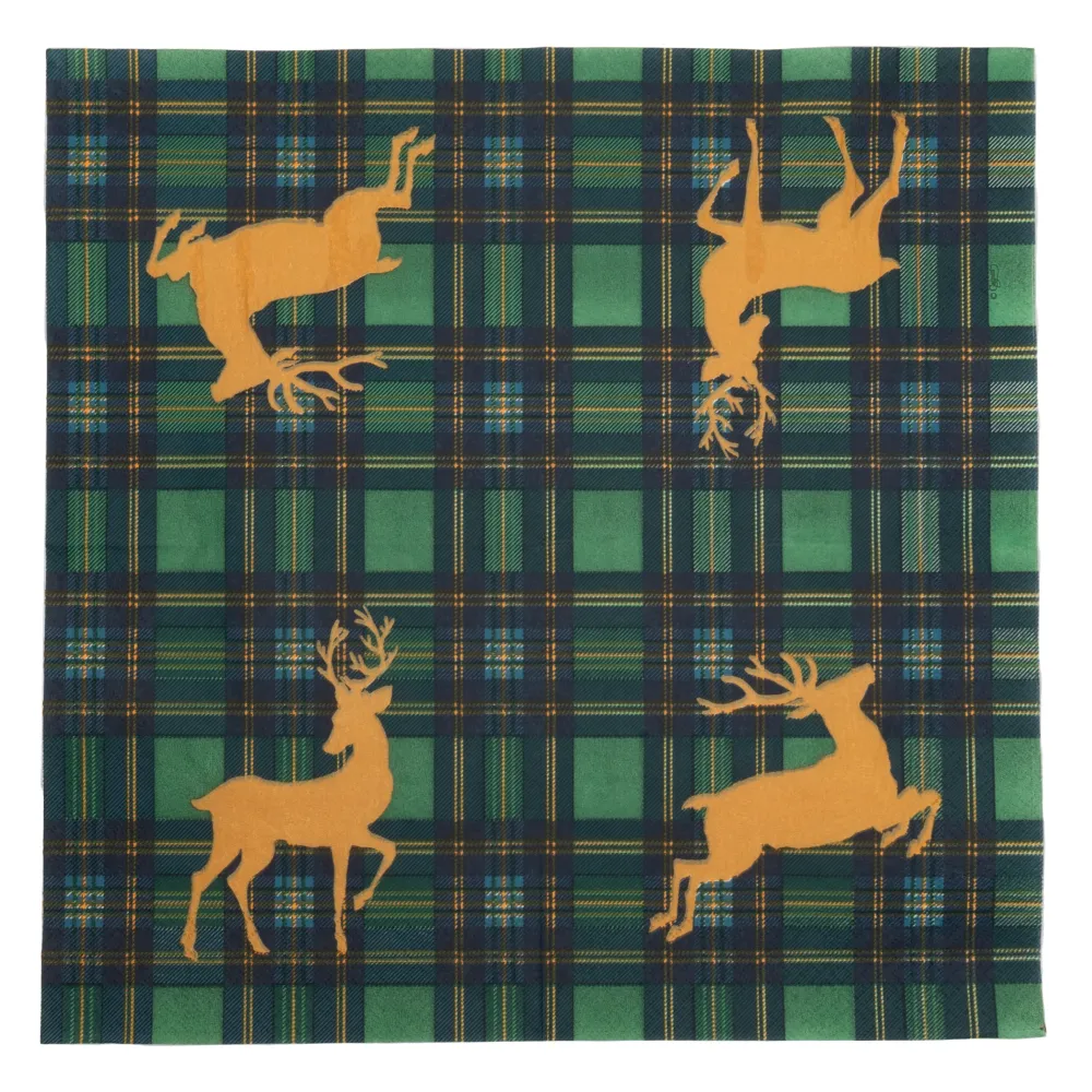 Caspari Paper Luncheon Napkins|Reindeer Tartan Green Luncheon Napkins - includes 20 Luncheon Napkins