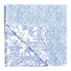 Caspari Tailgates|Memorial Day|Reversible Kantha Table Cover in Blue & White Pagoda Toile - 1 Each