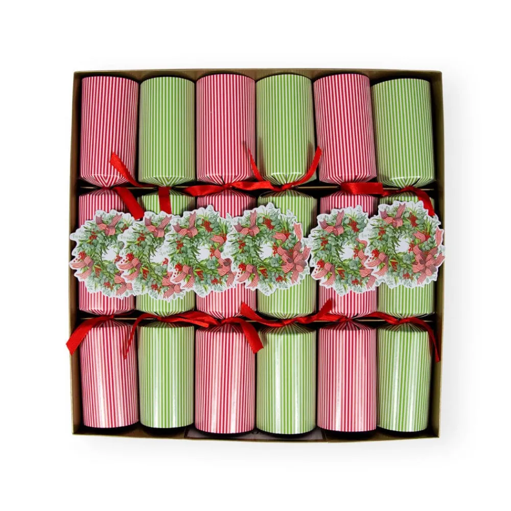 Caspari Christmas Crackers|Celebration Crackers|Ribbon Stripe Wreath Christmas Cracker - 6 per Box