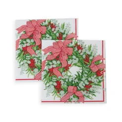 Caspari Christmas Napkins|Paper Cocktail Napkins|Ribbon Stripe Wreath Cocktail Napkins - 20 Per Package