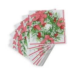Caspari Christmas Napkins|Paper Cocktail Napkins|Ribbon Stripe Wreath Cocktail Napkins - 20 Per Package