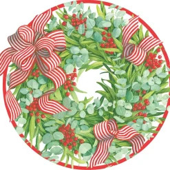 Caspari Christmas Placemats & Coasters|Ribbon Stripe Wreath Hardback Placemat - 1 count