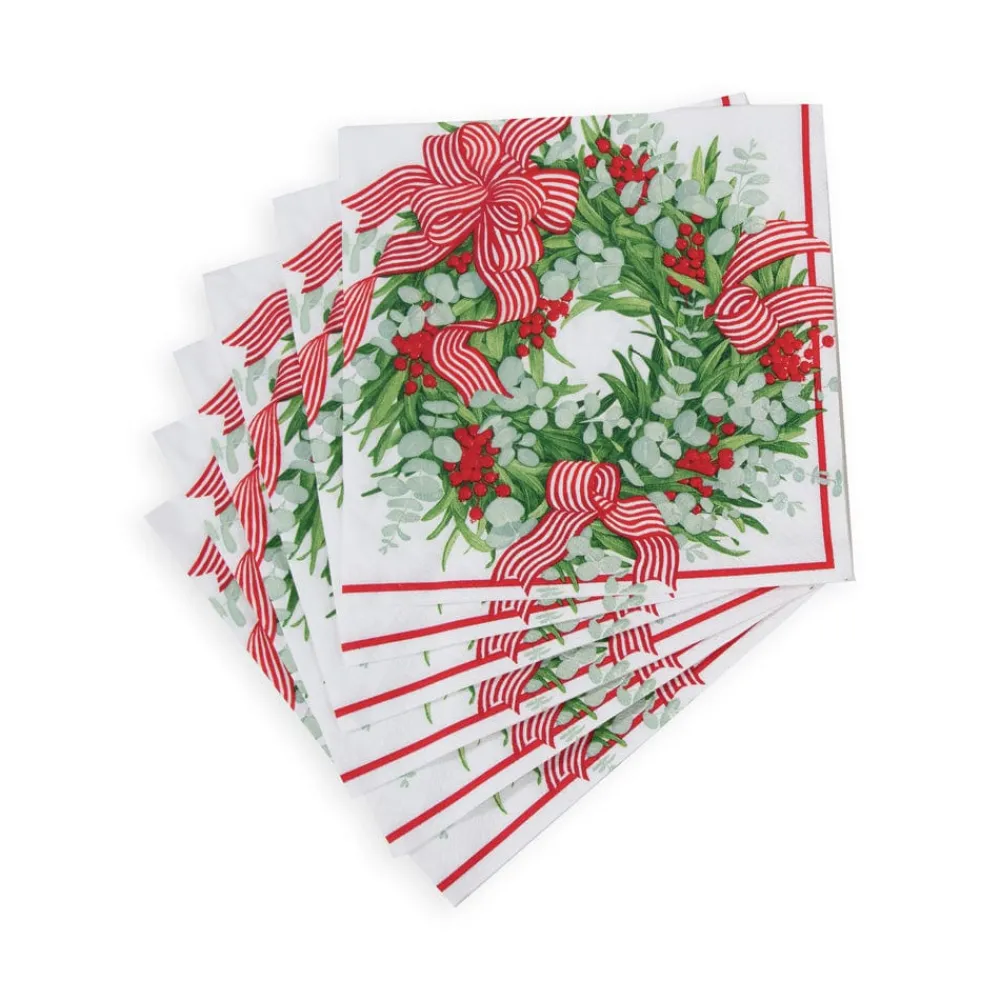 Caspari Paper Dinner Napkins|Ribbon Stripe Wreath Napkin Dinner - 20 Per Package