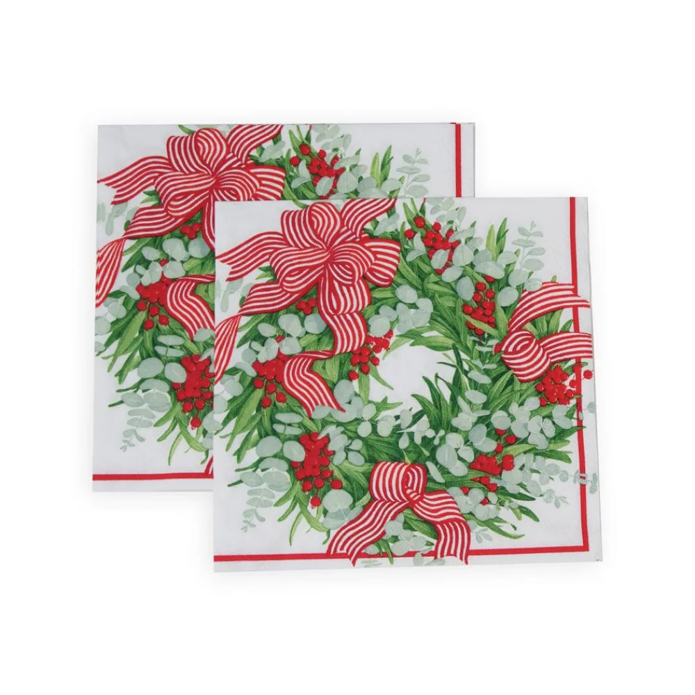 Caspari Paper Dinner Napkins|Ribbon Stripe Wreath Napkin Dinner - 20 Per Package