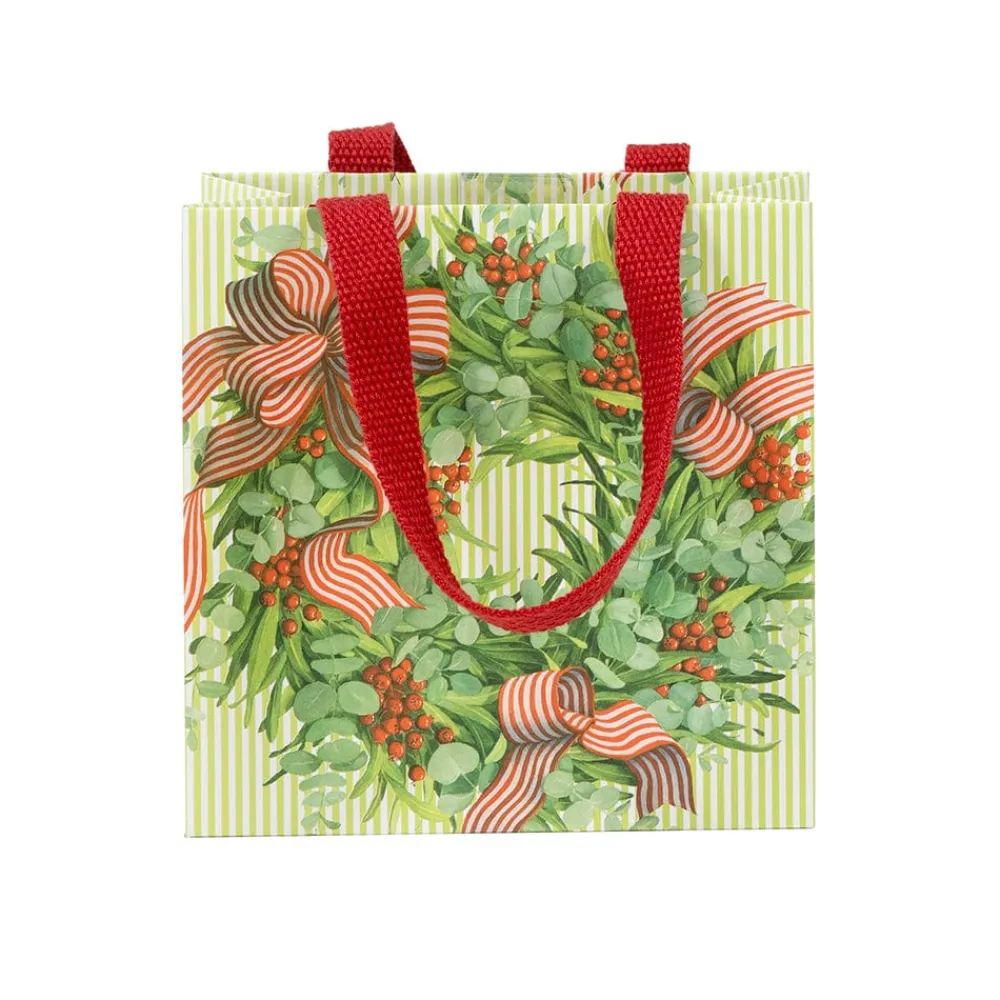 Caspari Christmas Gift & Bottle Bags|Gift & Bottle Bags|Ribbon Stripe Wreath Small Square Gift Bag - 1 Each