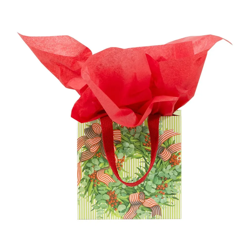 Caspari Christmas Gift & Bottle Bags|Gift & Bottle Bags|Ribbon Stripe Wreath Small Square Gift Bag - 1 Each