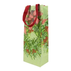 Caspari Christmas Gift & Bottle Bags|Gift & Bottle Bags|Ribbon Stripe Wreath Wine & Bottle Gift Bag - 1 Each
