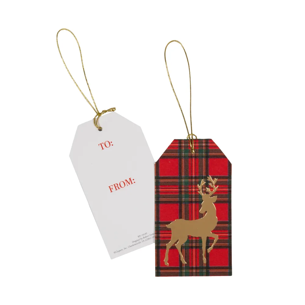 Caspari Christmas Gift Tags & Labels|Royal Plaid Reindeer Foil Hang Tags - includes 4 Hang Tags
