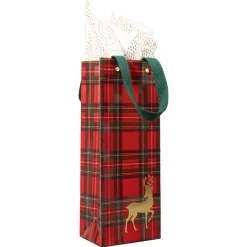 Caspari Christmas Gift & Bottle Bags|Gift & Bottle Bags|Royal Plaid Reindeer Gift Bags - includes 1 Gift Bags