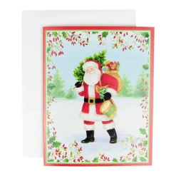 Caspari Christmas And Holiday Cards|Boxed Holiday Cards|Santa With Botanical Border A-Size Boxed Christmas Cards - 15 Cards And Envelopes