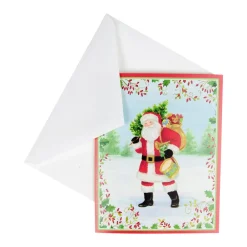 Caspari Christmas And Holiday Cards|Boxed Holiday Cards|Santa With Botanical Border A-Size Boxed Christmas Cards - 15 Cards And Envelopes