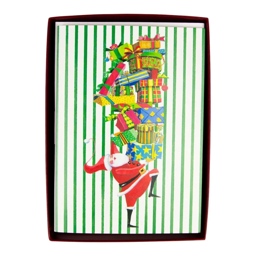 Caspari Christmas And Holiday Cards|Boxed Holiday Cards|Santa With Stack Of Gifts Small Boxed Christmas Cards - includes 15 cards & envelopes