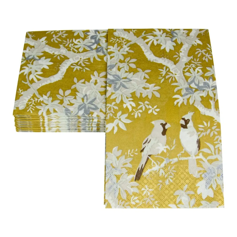 Caspari Paper Guest Towels|Scenic Songbirds Gold & Ivory Guest Towel Napkins - 15 Per Package