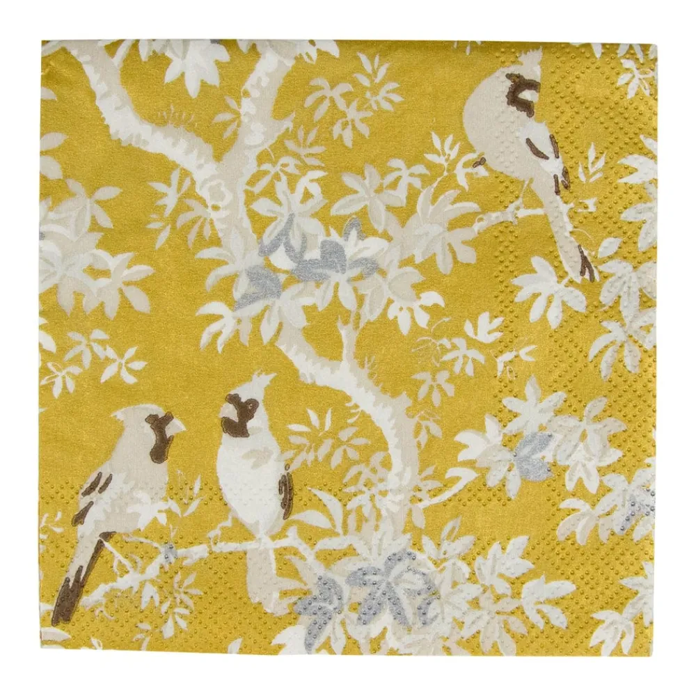 Caspari Paper Cocktail Napkins|Scenic Songbirds Gold & Ivory Cocktail Napkins - 20 Per Package