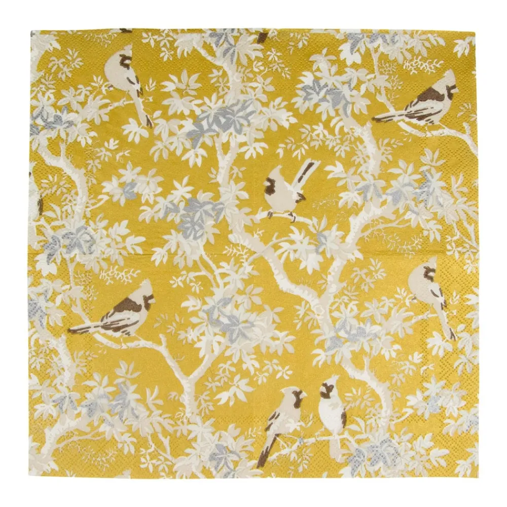 Caspari Paper Cocktail Napkins|Scenic Songbirds Gold & Ivory Cocktail Napkins - 20 Per Package