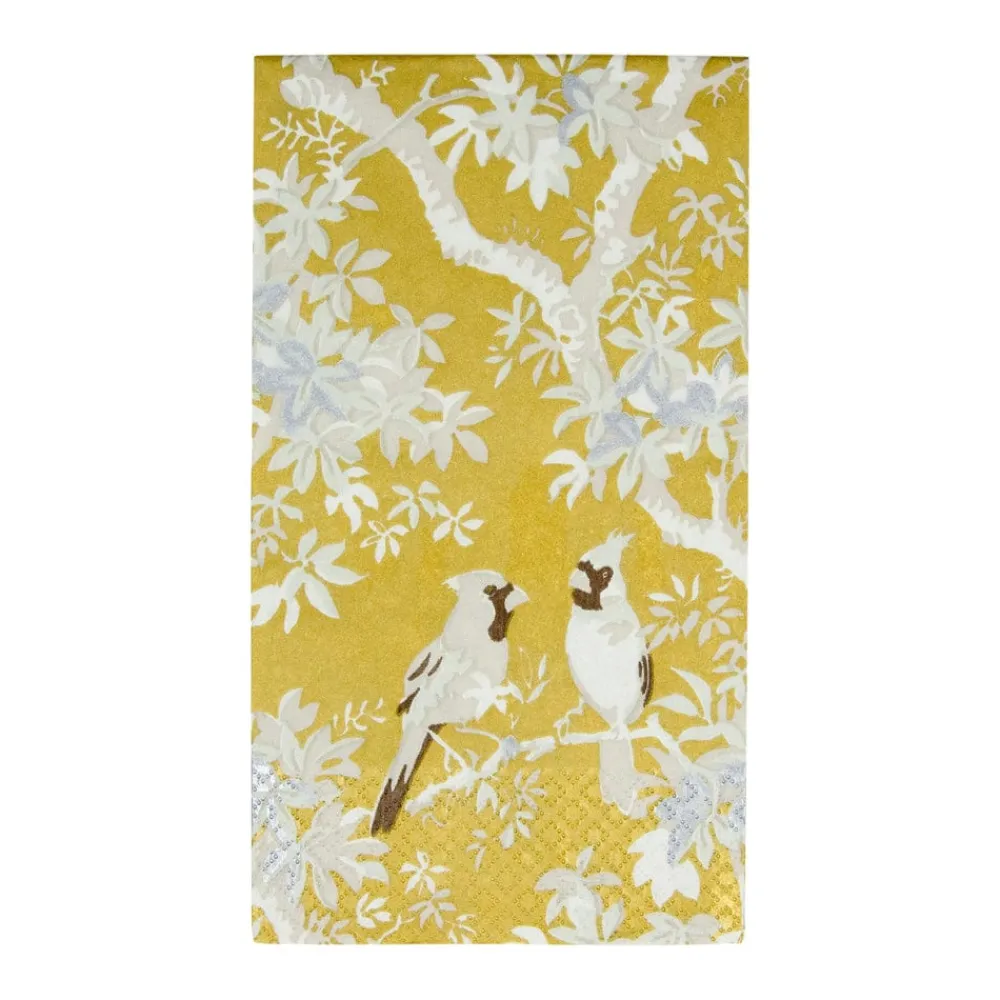 Caspari Christmas Napkins|Paper Guest Towels|Scenic Songbirds Gold/Ivory Guest Towel Napkins - 15 Per Package