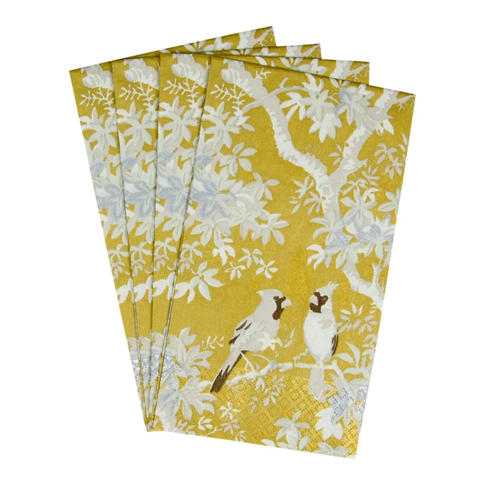 Caspari Christmas Napkins|Paper Guest Towels|Scenic Songbirds Gold/Ivory Guest Towel Napkins - 15 Per Package