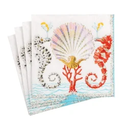 Caspari Paper Cocktail Napkins|Seahorses and Shell Paper Cocktail Napkins - 20 Per Package