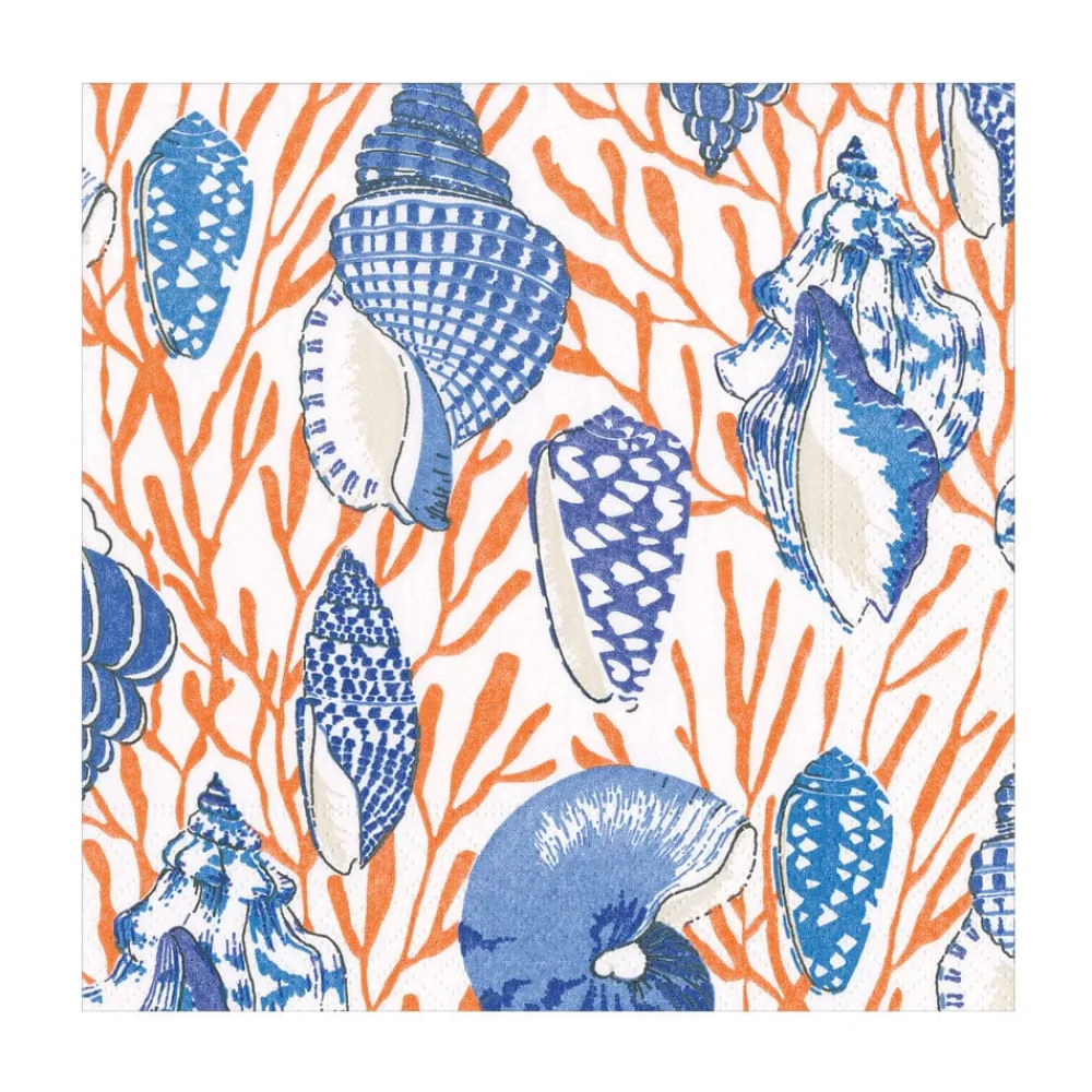 Caspari Paper Luncheon Napkins|Shell Toile Luncheon Napkins in Coral & Blue - 20 Per Package