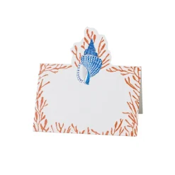 Caspari Place Cards|Shell Toile Place Cards in Coral & Blue- 8 Per Package