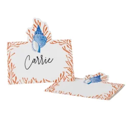 Caspari Place Cards|Shell Toile Place Cards in Coral & Blue- 8 Per Package