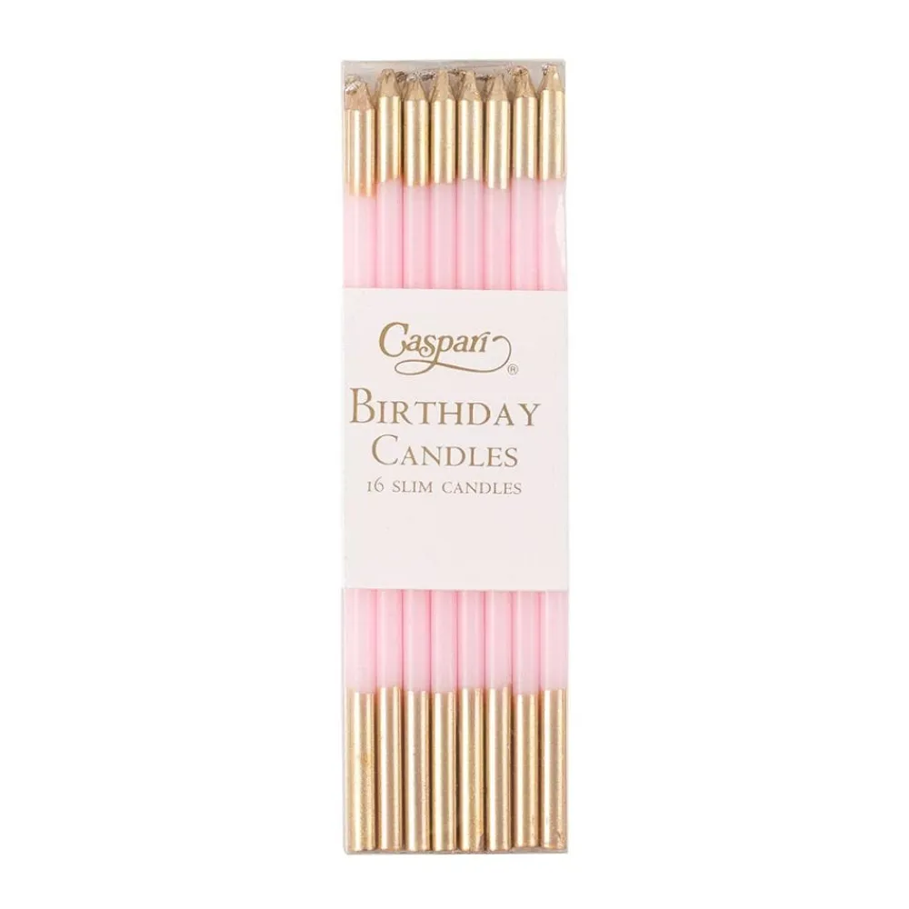 Caspari Birthday|Slim Birthday Candles in Petal Pink & Gold - 16 Candles Per Package