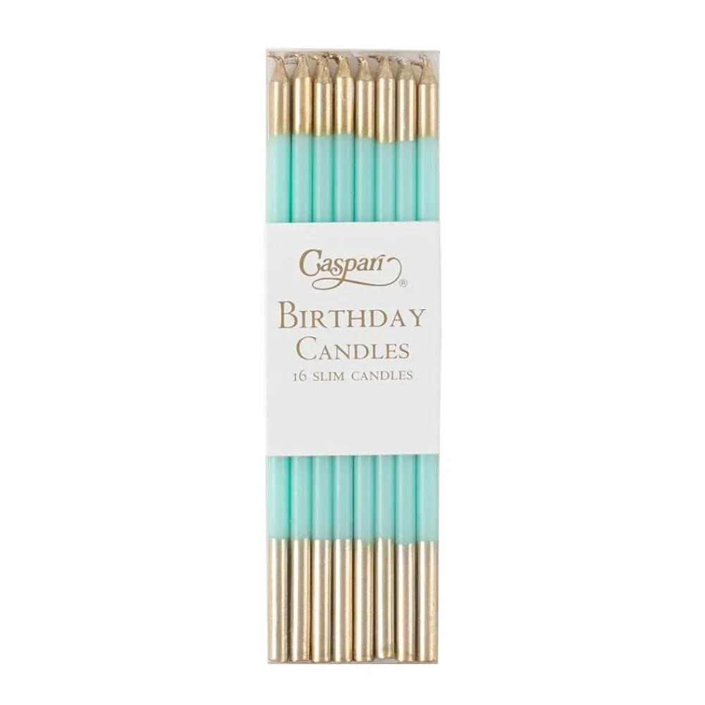 Caspari Birthday|Slim Birthday Candles in Robin's Egg & Gold - 16 Candles Per Package