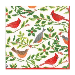 Caspari Christmas Napkins|Paper Luncheon Napkins|Songbirds and Holly Paper Luncheon Napkins in White - 20 Per Package
