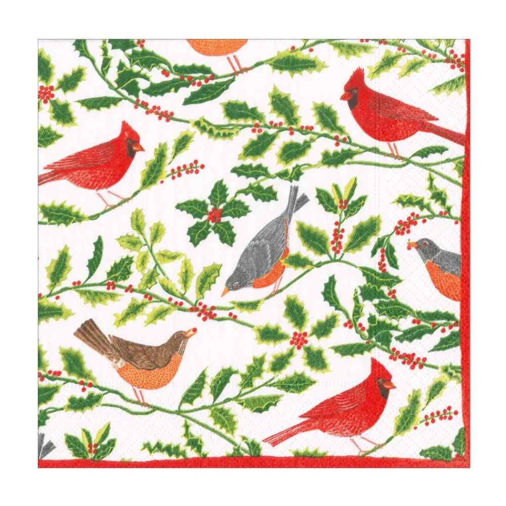 Caspari Christmas Napkins|Paper Luncheon Napkins|Songbirds and Holly Paper Luncheon Napkins in White - 20 Per Package