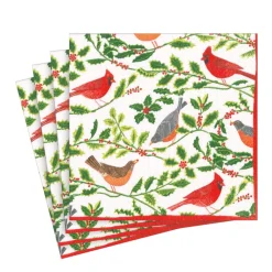 Caspari Christmas Napkins|Paper Luncheon Napkins|Songbirds and Holly Paper Luncheon Napkins in White - 20 Per Package