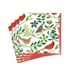 Caspari Christmas Napkins|Paper Cocktail Napkins|Songbirds and Holly Paper Cocktail Napkins in White - 20 Per Package