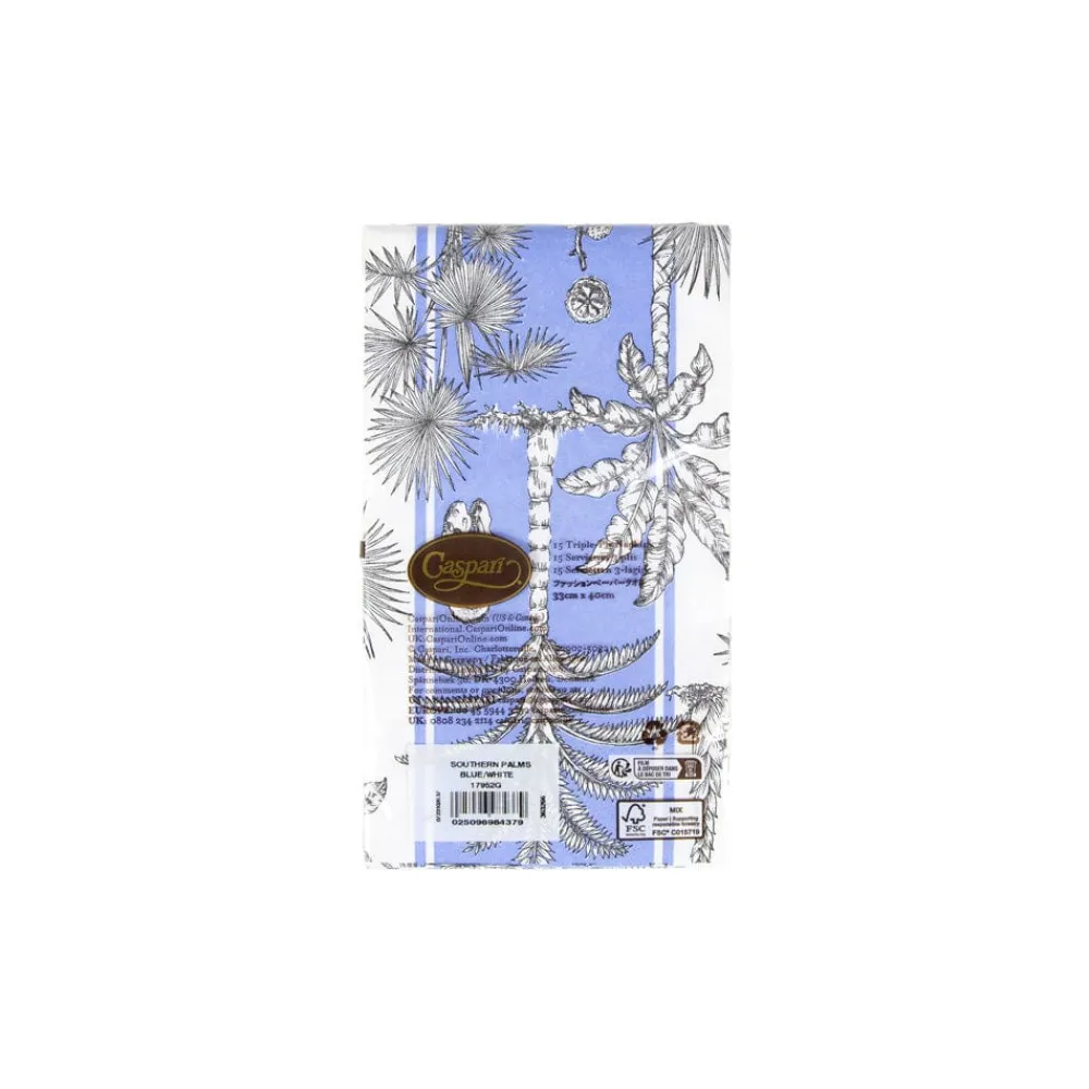 Caspari Hanukkah|Paper Guest Towels|Southern Palms Blue & White Guest Towel Napkins - 15 Per Package